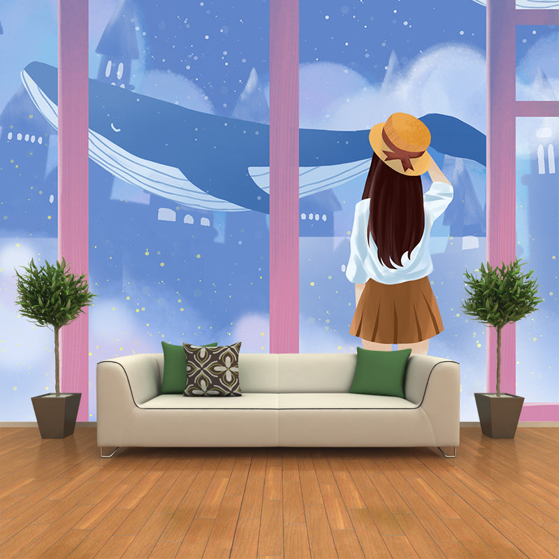 Illustration Girl and Whale Mural Decal Cartoon Non-Woven Fabric Wall Art, Made to Measure