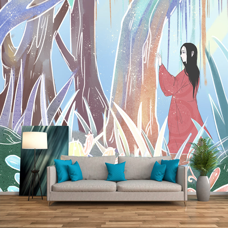 Girl Wandering in Forest Mural Childrens Art Washable Living Room Wall Decor, Customized Size