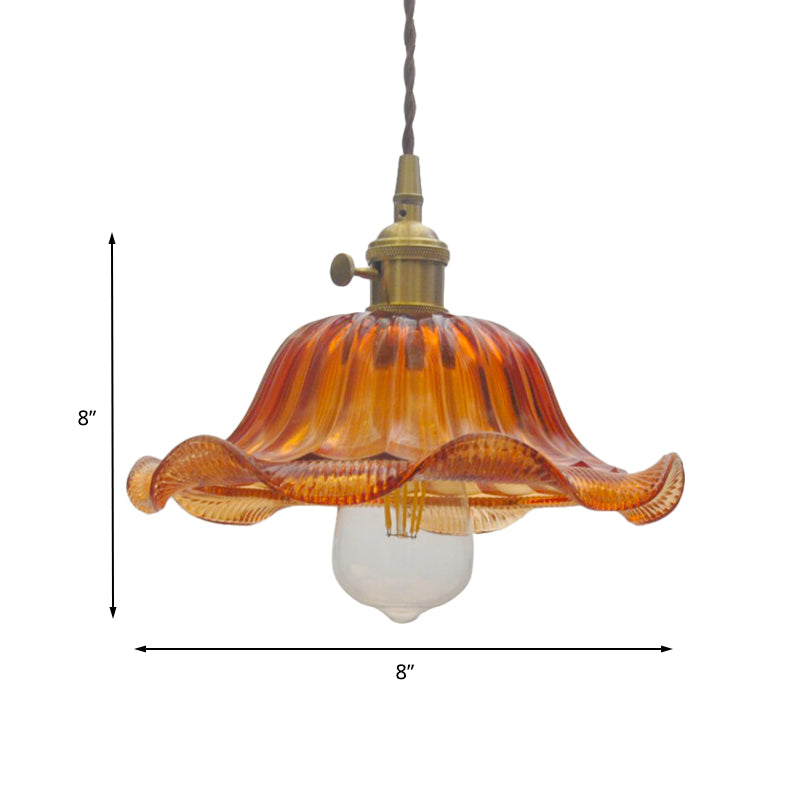 8"/10"/12" Wide Scalloped Pendant Lighting Vintage 1 Light Ribbed Glass Hanging Lamp in Yellow for Living Room