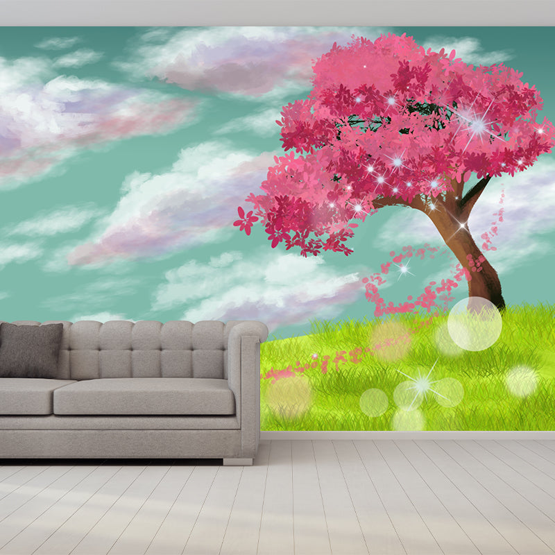 Whole Dog Running Mural Kids Alone Cherry Tree in Meadow Wall Decor in Pink-Green