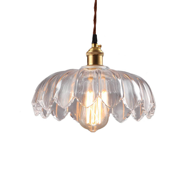 Single Bulb Hanging Ceiling Light with Scalloped Shade Clear Glass Industrial Living Room Pendant Lighting, 8"/10"/12" Wide