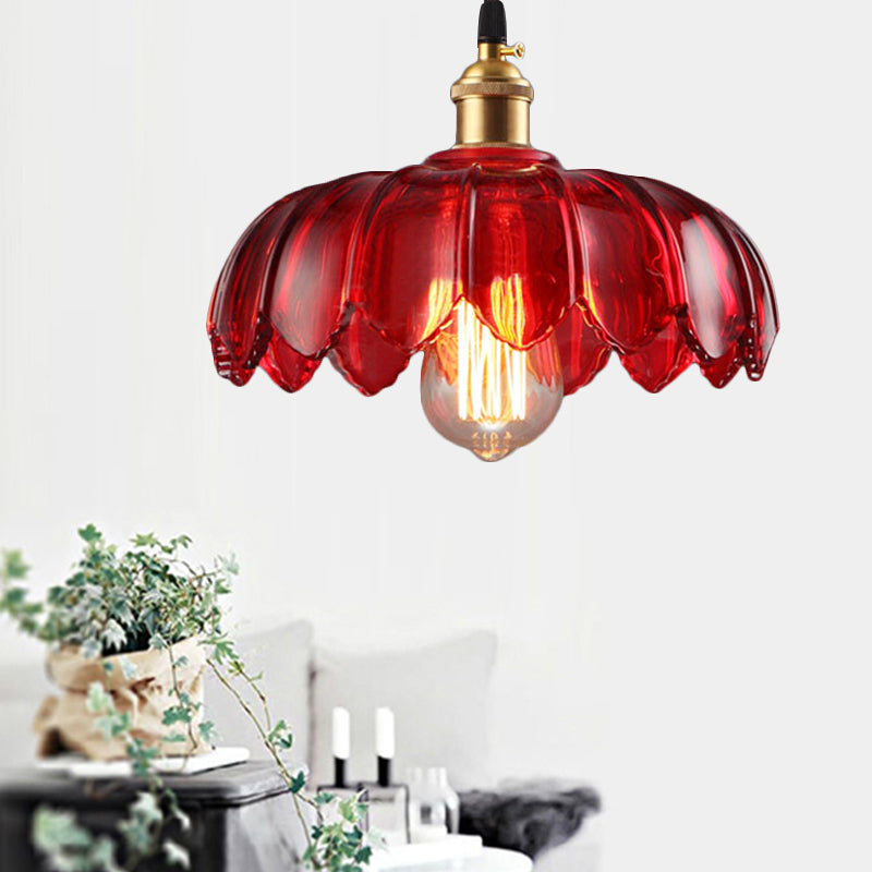 Scalloped Pendant Lamp Industrial 1 Light Red Glass Hanging Ceiling Light for Living Room, 8"/10"/12" Wide