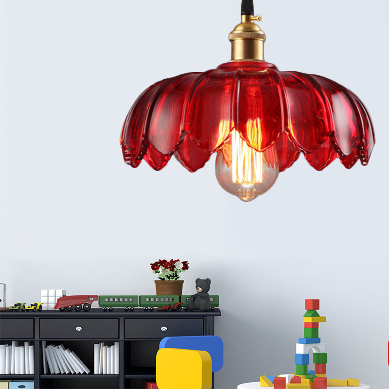 Scalloped Pendant Lamp Industrial 1 Light Red Glass Hanging Ceiling Light for Living Room, 8"/10"/12" Wide