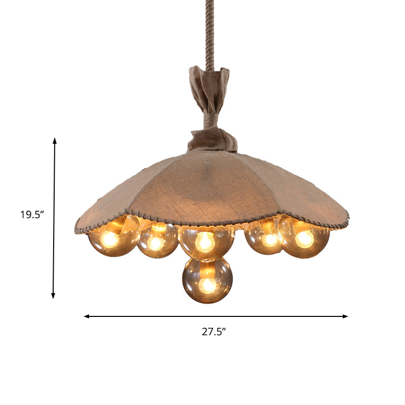 Beige Fabric Scalloped Pendant Light Lodge 6 Heads Living Room Chandelier Lighting with Inner Glass Ball Shade