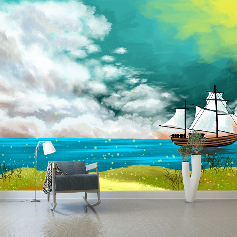 Kids Sailing Ship Mural Wallpaper Yellow-Blue Spring Seaside Landscape Wall Art for Home