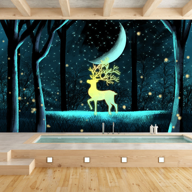 Personalized Illustration Cartoon Mural with Stag in Snowy Forest at Night Pattern in Blue-Yellow