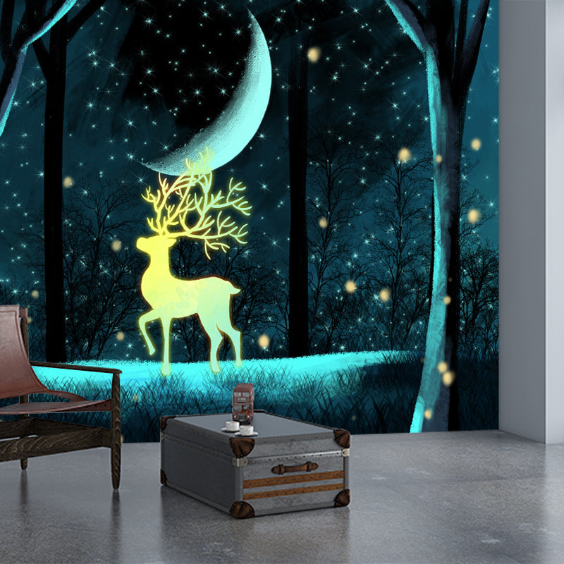 Personalized Illustration Cartoon Mural with Stag in Snowy Forest at Night Pattern in Blue-Yellow