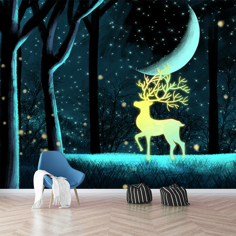 Personalized Illustration Cartoon Mural with Stag in Snowy Forest at Night Pattern in Blue-Yellow