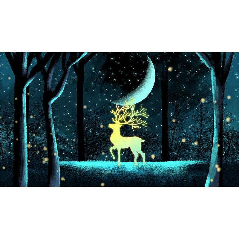 Personalized Illustration Cartoon Mural with Stag in Snowy Forest at Night Pattern in Blue-Yellow