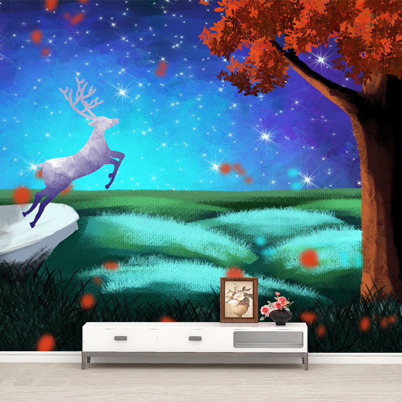 Blue-Orange Childrens Art Mural Big Deer in Starry Night Forest Wall Decor for Bedroom