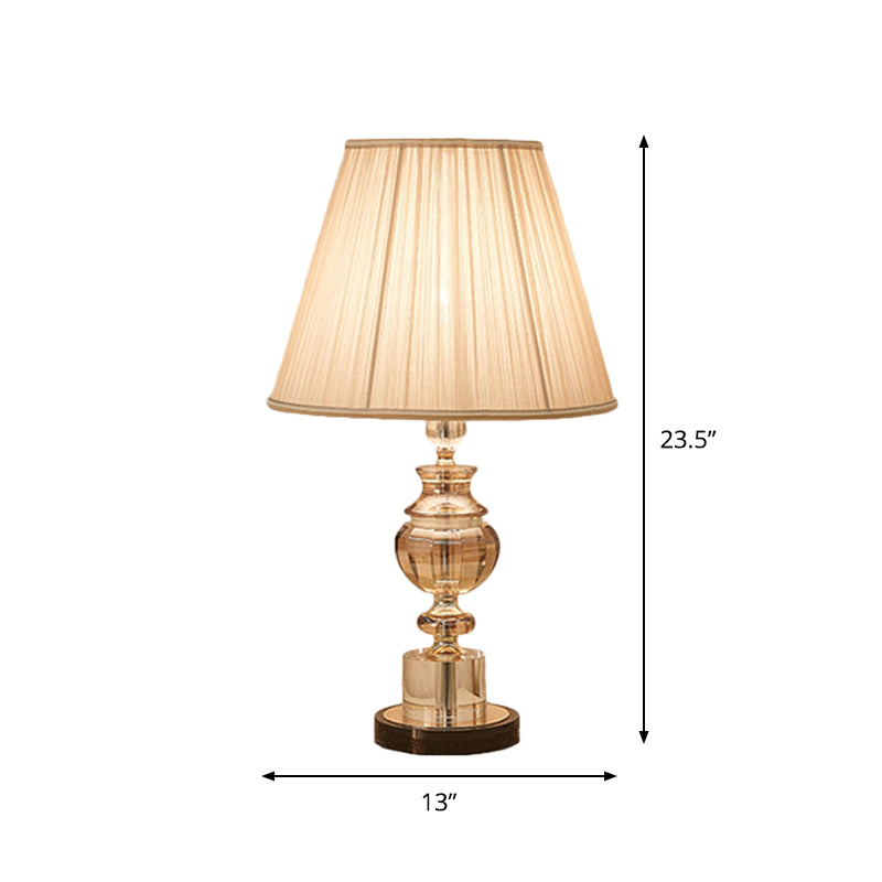 Pleated Fabric White Table Lamp Conical 1 Bulb Modern Style Nightstand Light with Crystal Base