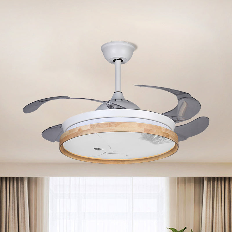 Circle Ceiling Fan Light Minimalism Acrylic White 4-Blade LED Semi Flush Mount with Wooden Detail, 42" Wide