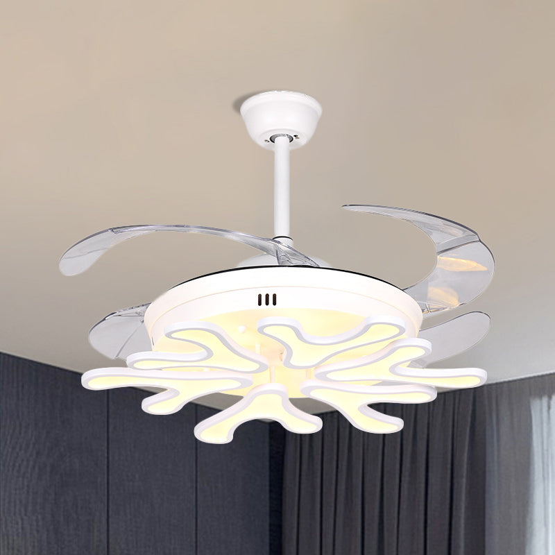 Contemporary Bloom Pendant Fan Lamp Iron Living Room LED Semi Flush Ceiling Light with 4 Clear Blades in White, 42" Width