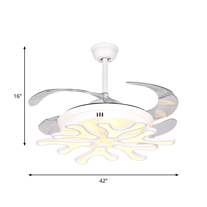 Contemporary Bloom Pendant Fan Lamp Iron Living Room LED Semi Flush Ceiling Light with 4 Clear Blades in White, 42" Width