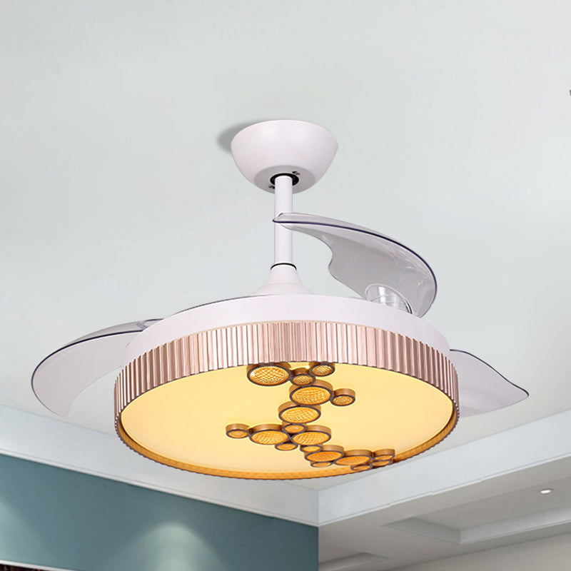 42" Width Acrylic Drum Semi Flush Mount Contemporary White 3 Blades LED Ceiling Fan Light with Bubble Decor