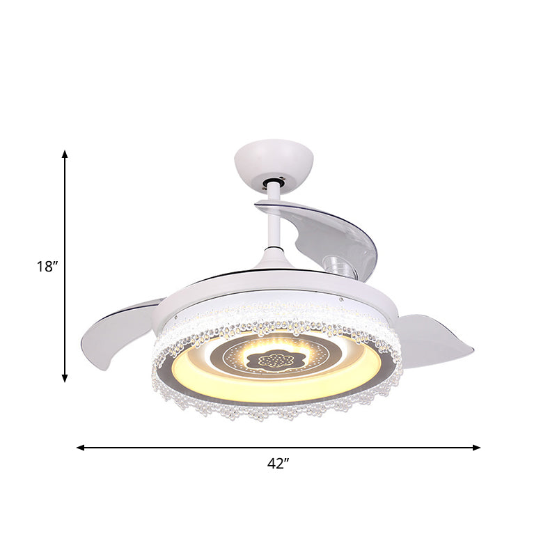 42" W Circular Semi Flush Light Modernist Acrylic White 3 Blades LED Pendant Fan Lamp with Floral Trim