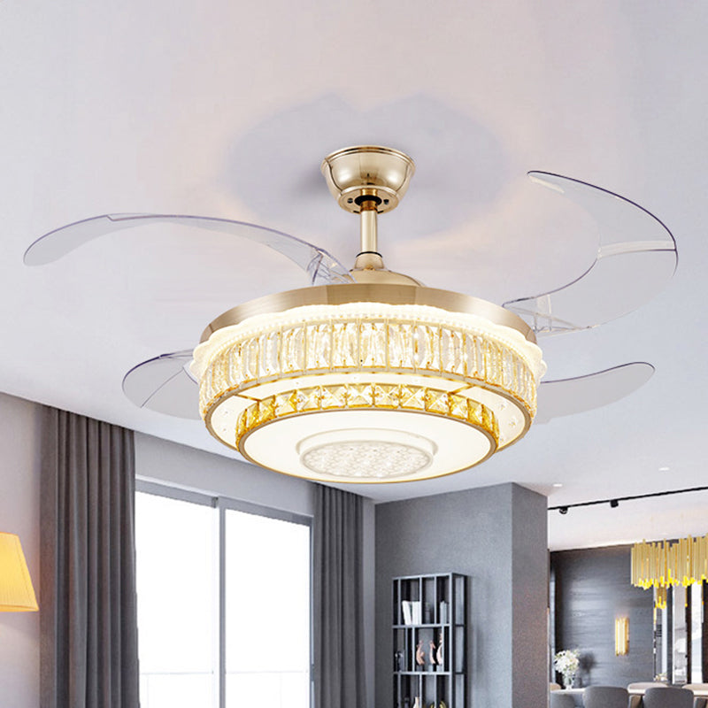 4 Blades LED Ceiling Fan Lamp Contemporary Circular Clear Crystal Blocks Semi Flush Light in Gold, 42" Width