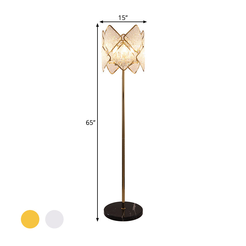 Round Parlor Standing Floor Lamp Modern Clear Crystal Strand 1 Head Gold/Chrome Floor Light with Rhombus Design