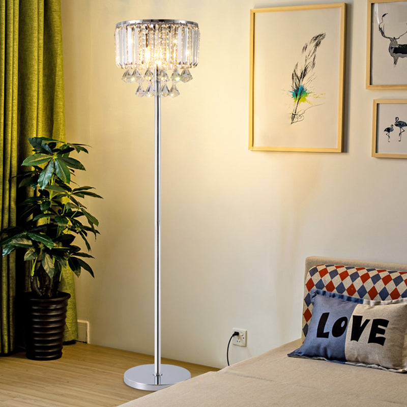 1 Head Circular Floor Reading Lamp Contemporary Chrome Crystal Draping Standing Light for Great Room