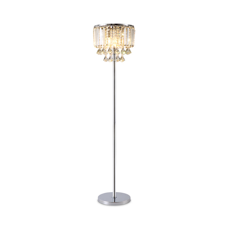 1 Head Circular Floor Reading Lamp Contemporary Chrome Crystal Draping Standing Light for Great Room