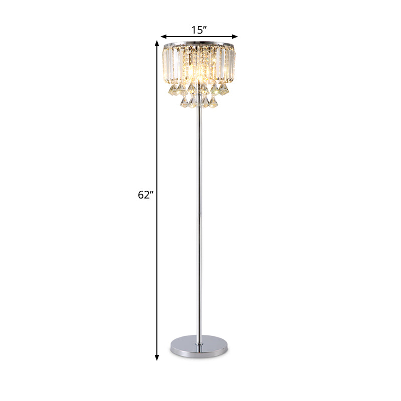 1 Head Circular Floor Reading Lamp Contemporary Chrome Crystal Draping Standing Light for Great Room