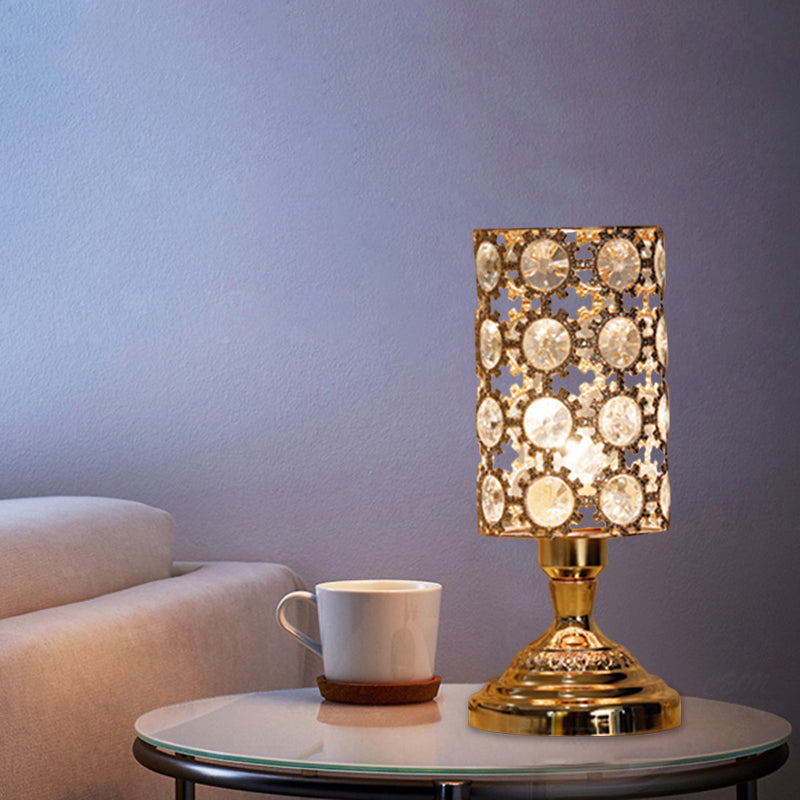 Modernism 1 Bulb Table Light with Crystal-Encrusted Shade Gold Tapered/Cylinder Reading Lamp