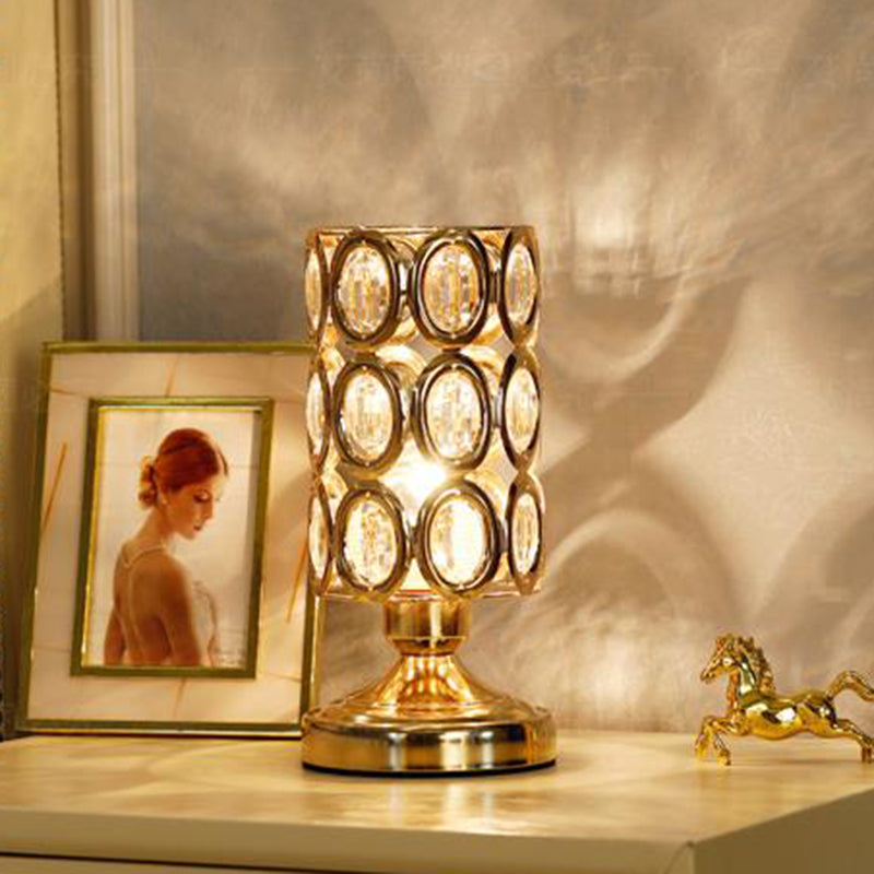 Modernism 1 Bulb Table Light with Crystal-Encrusted Shade Gold Tapered/Cylinder Reading Lamp