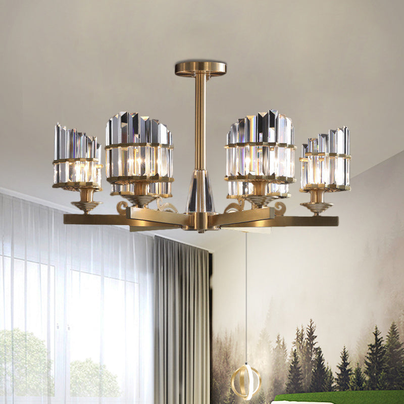 Postmodern 3/6 Bulbs Chandelier Lamp with Crystal Block Shade Half-Cylindrical Gold Radial Pendant Light Fixture