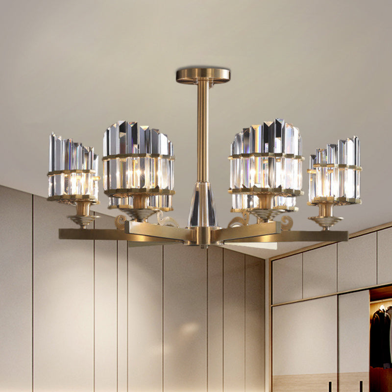 Postmodern 3/6 Bulbs Chandelier Lamp with Crystal Block Shade Half-Cylindrical Gold Radial Pendant Light Fixture