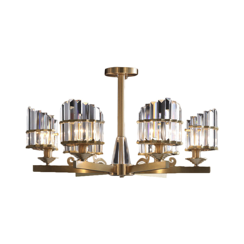 Postmodern 3/6 Bulbs Chandelier Lamp with Crystal Block Shade Half-Cylindrical Gold Radial Pendant Light Fixture