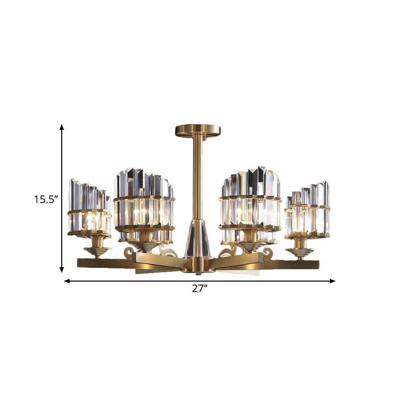 Lampe de lustre postmoderne 3/6 des ampoules avec une nuance à bloc de cristal mi-cylindrique gold luminaire de pendentif radial