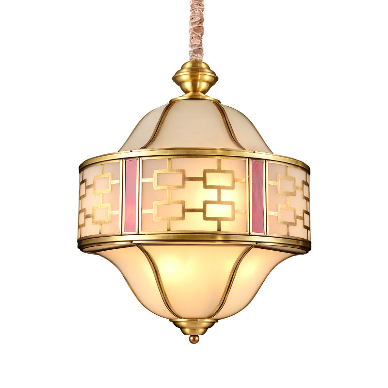 Double Bell Porch Chandelier Light Colonialist Milky Glass 6 Heads Gold Hanging Pendant