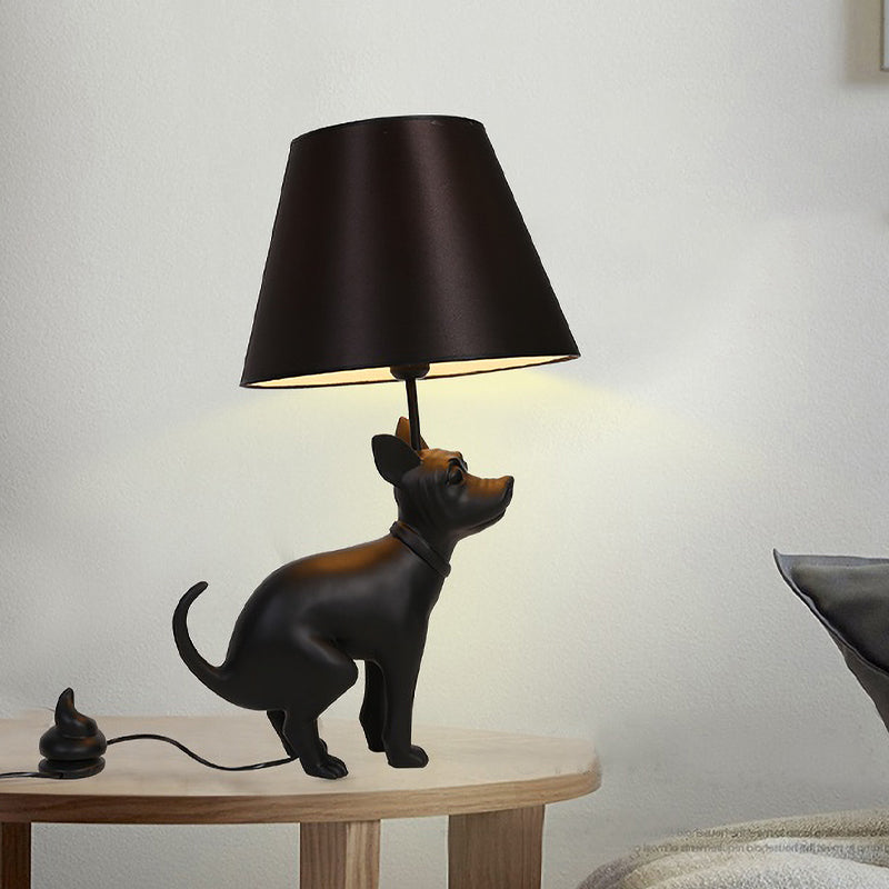 Resin Dog Nightstand Lamp Country Style 1 Bulb Bedroom Night Table Light in Black with Cone Fabric Shade