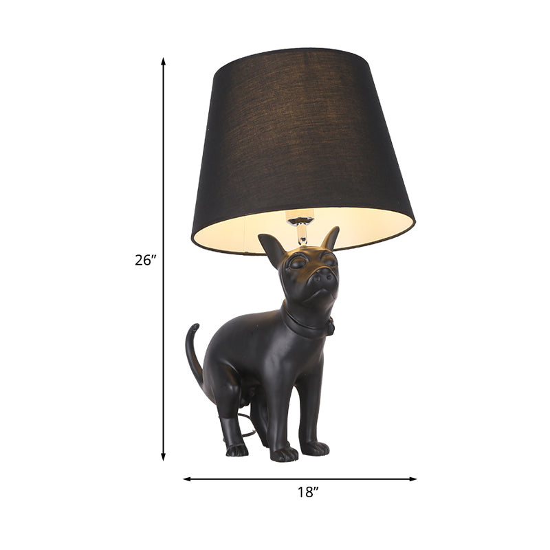 Resin Dog Nightstand Lamp Country Style 1 Bulb Bedroom Night Table Light in Black with Cone Fabric Shade