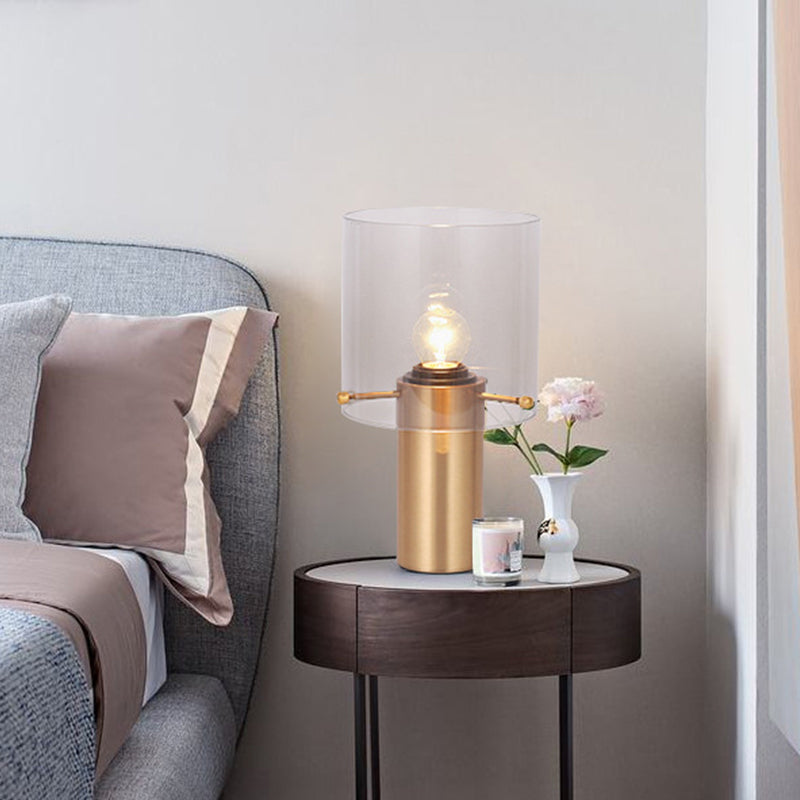 1 Bulb Living Room Table Light Postmodern Brass Night Lamp with Cylinder Translucent Glass Shade