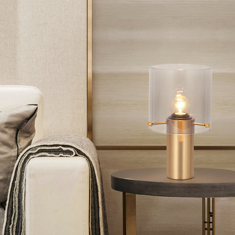 1 Bulb Living Room Table Light Postmodern Brass Night Lamp with Cylinder Translucent Glass Shade