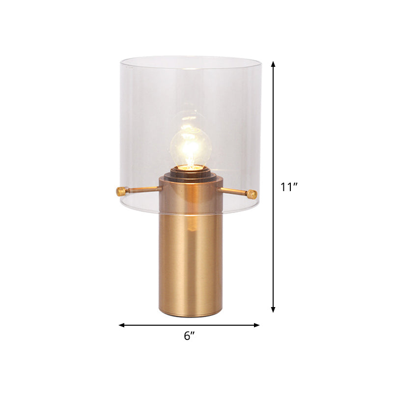 1 Bulb Living Room Table Light Postmodern Brass Night Lamp with Cylinder Translucent Glass Shade