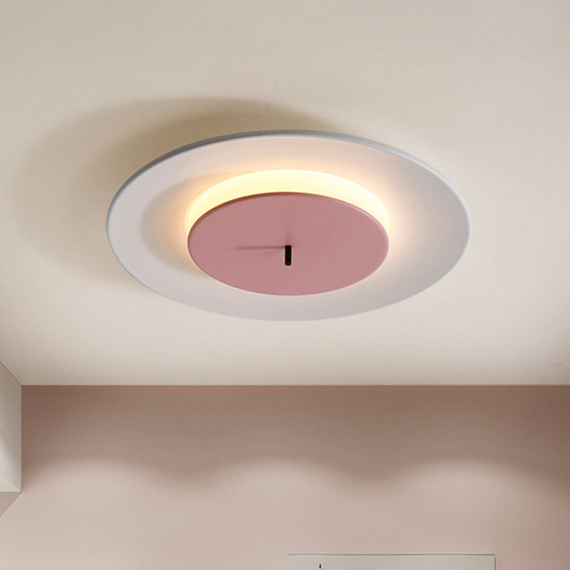 Iron 2-Layer Round Thin Ceiling Lighting Macaron Pink/Black/White LED Flush Mount Fixture in 3 Color Light