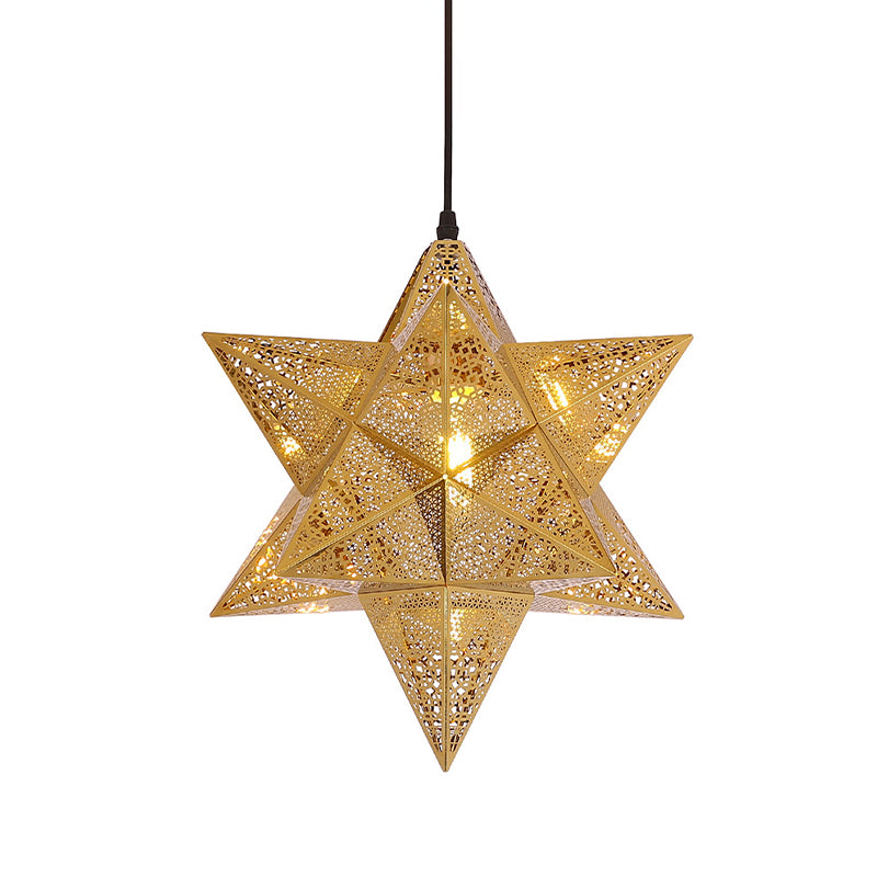 Cutout Star Restaurant Pendant Light Colonial Stainless Steel 1-Bulb Gold Suspension Lighting, 14"/18" Wide