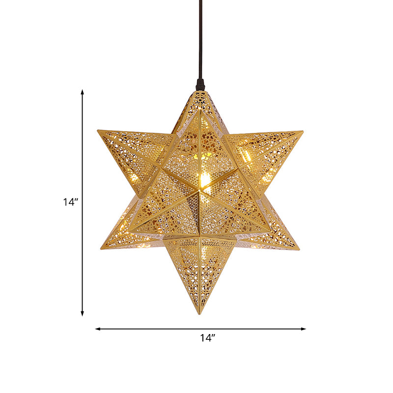 Cutout Star Restaurant Pendant Light Colonial Stainless Steel 1-Bulb Gold Suspension Lighting, 14"/18" Wide