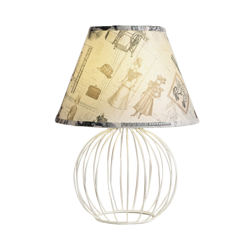 White 1-Light Desk Lamp Traditionalist Fabric Night Table Light with Spherical Wire Cage Base