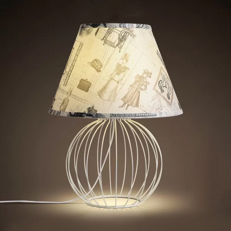 White 1-Light Desk Lamp Traditionalist Fabric Night Table Light with Spherical Wire Cage Base