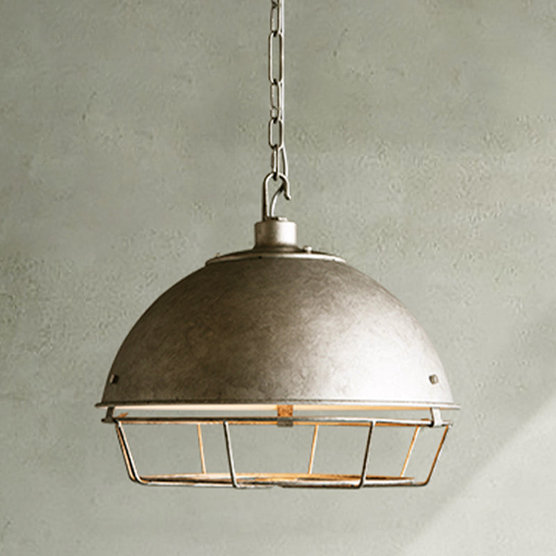 Aged Silver/Black 1-Bulb Pendant Industrial Iron Bowl Shape Hanging Light Fixture with Hooded Cage for Restaurant