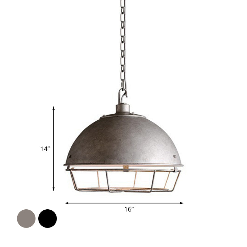 Aged Silver/Black 1-Bulb Pendant Industrial Iron Bowl Shape Hanging Light Fixture with Hooded Cage for Restaurant