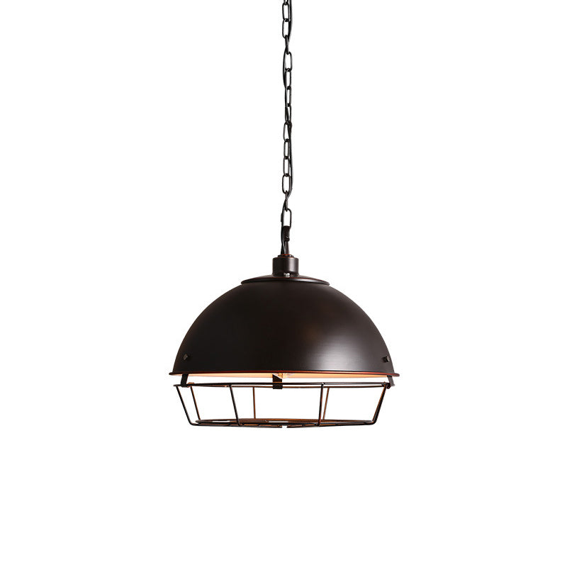 Aged Silver/Black 1-Bulb Pendant Industrial Iron Bowl Shape Hanging Light Fixture with Hooded Cage for Restaurant