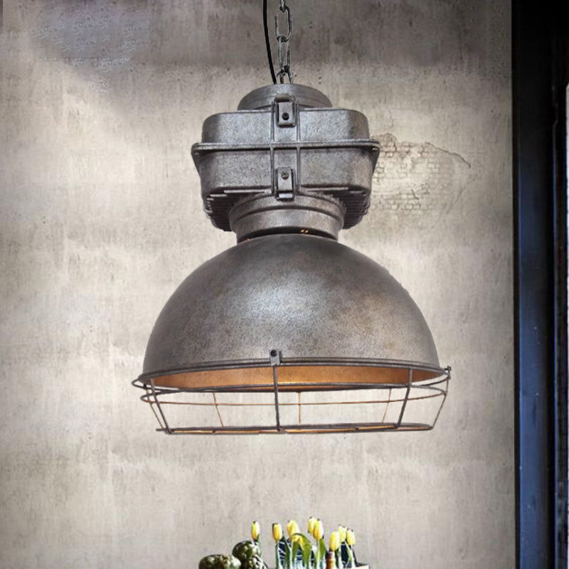 Aged Silver Bowl Ceiling Pendant Industrial Style Iron 1 Light Restaurant Drop Lamp with Wire Guard