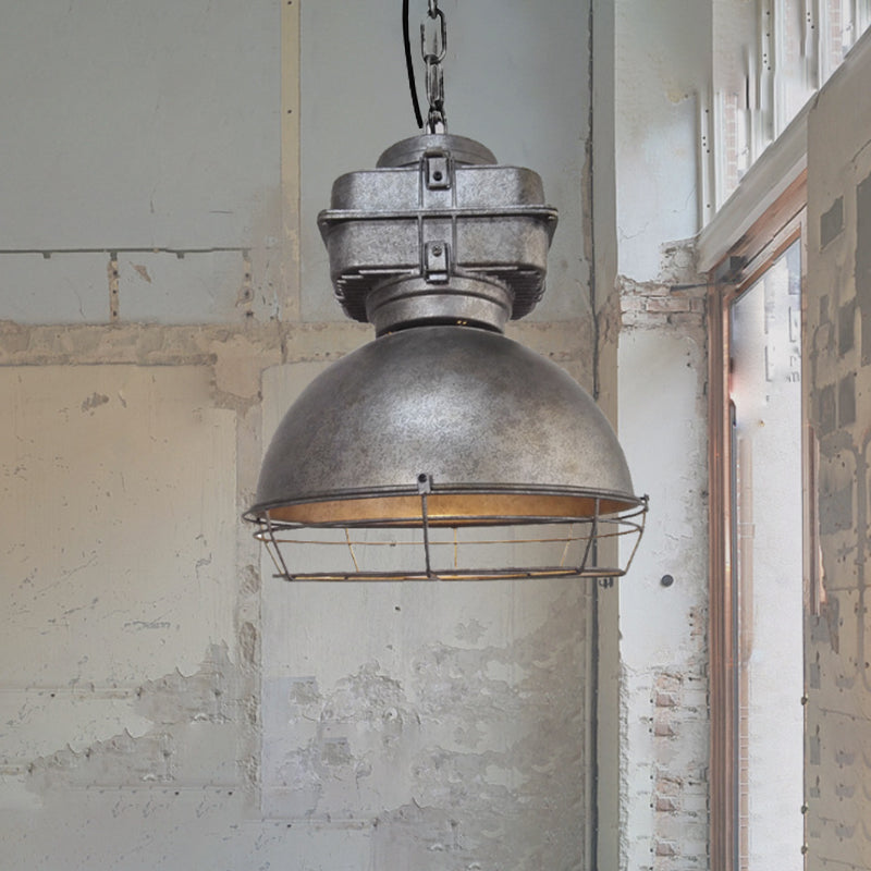 Aged Silver Bowl Ceiling Pendant Industrial Style Iron 1 Light Restaurant Drop Lamp with Wire Guard