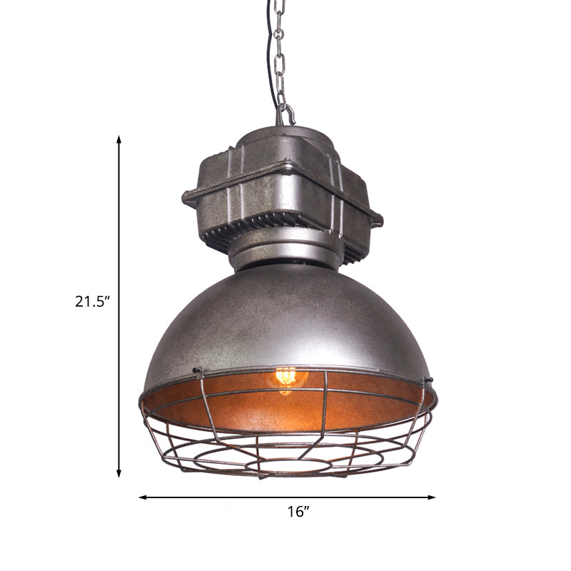 Aged Silver Bowl Ceiling Pendant Industrial Style Iron 1 Light Restaurant Drop Lamp with Wire Guard