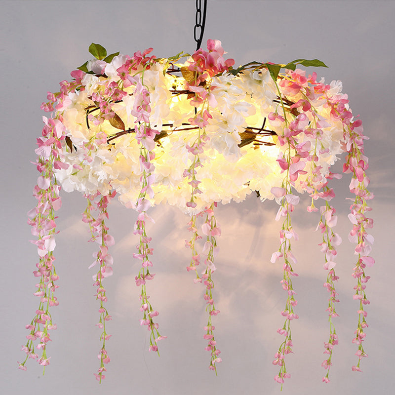 Iron Round Cage Chandelier Light Vintage 3/5-Light Restaurant Suspension Lamp in Black with Cherry Blossom