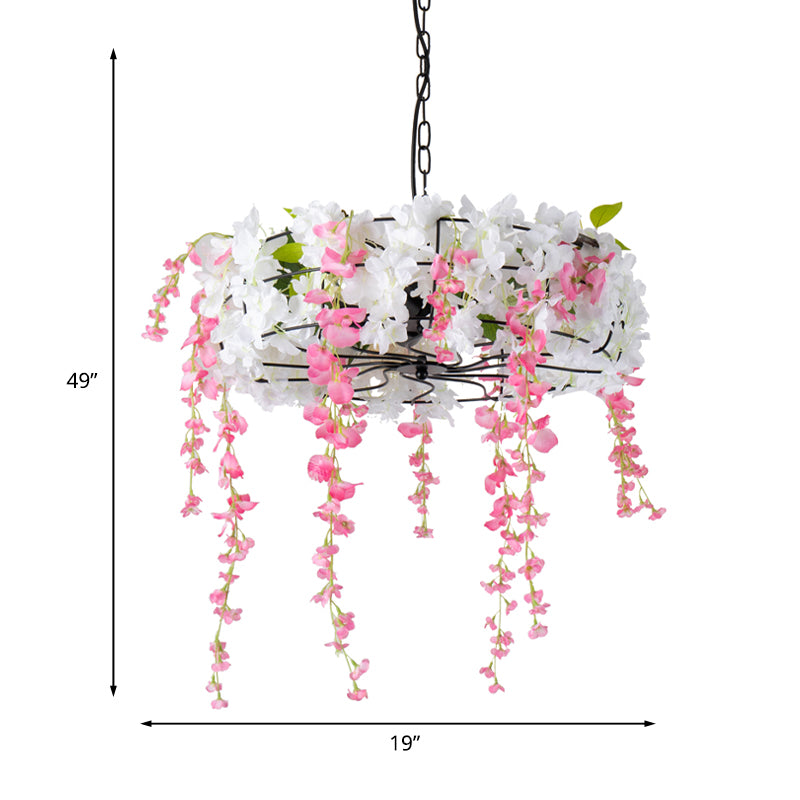 Iron Round Cage Chandelier Light Vintage 3/5-Light Restaurant Suspension Lamp in Black with Cherry Blossom